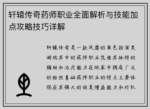 轩辕传奇药师职业全面解析与技能加点攻略技巧详解