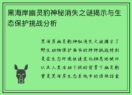 黑海岸幽灵豹神秘消失之谜揭示与生态保护挑战分析